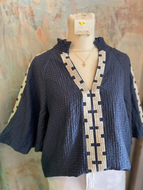 Puff Sleeve Navy Texture Top