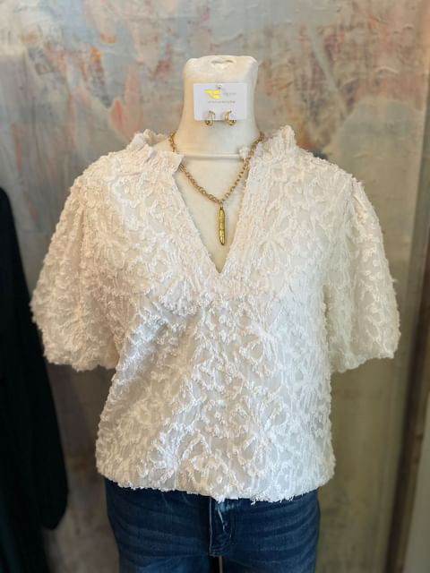 V Neck Puff Sleeve Lace Top