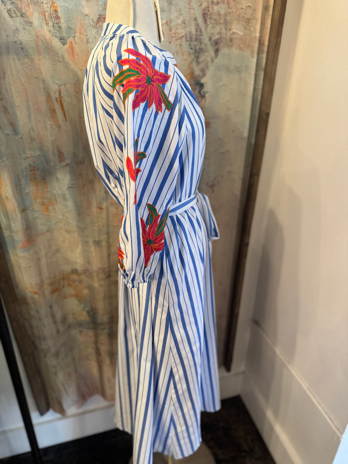 Stripe Blue Embroidery Sleeve Detail Dress with Pockets