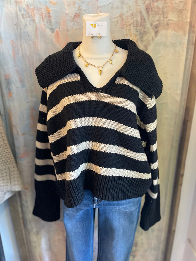 Collared Stripe Knit Sweater