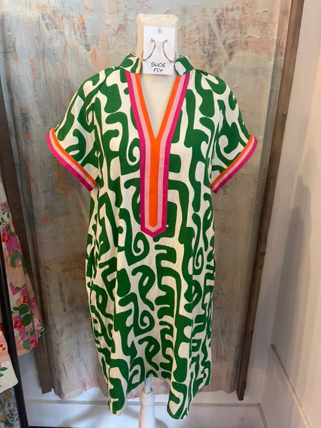 Short Sleeve V Neck Print Dress with Pockets