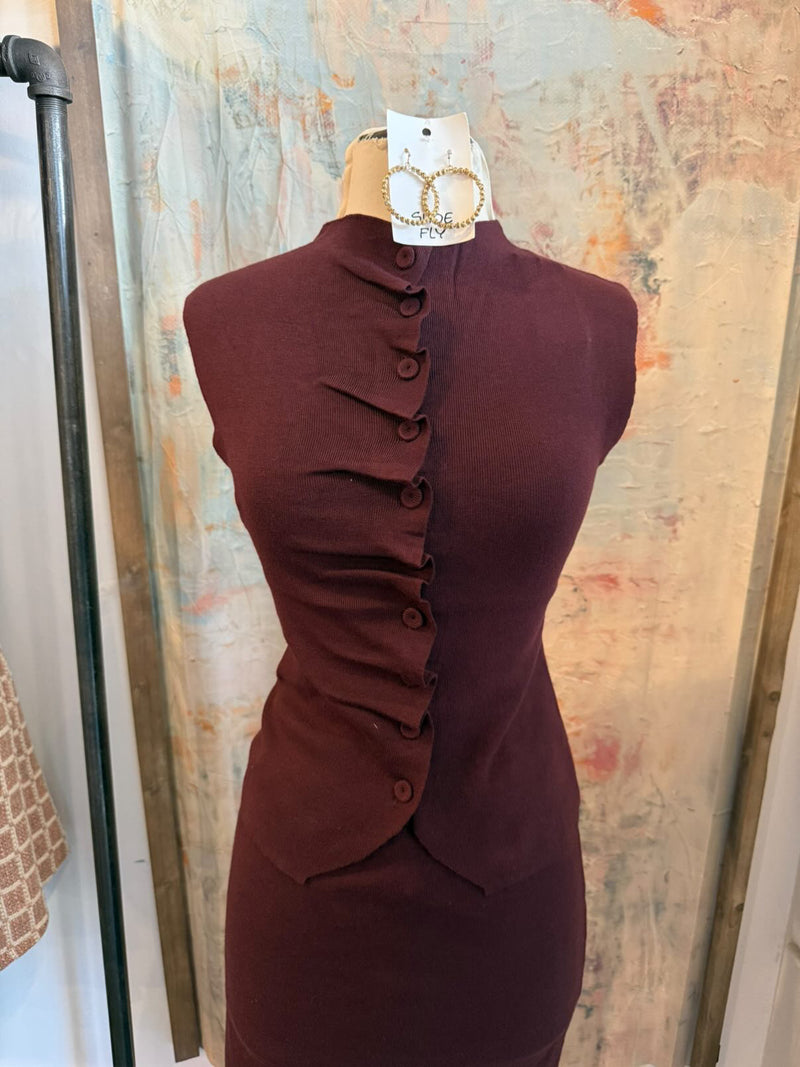 Pleated Mock Neck Burgundy Sweater Top