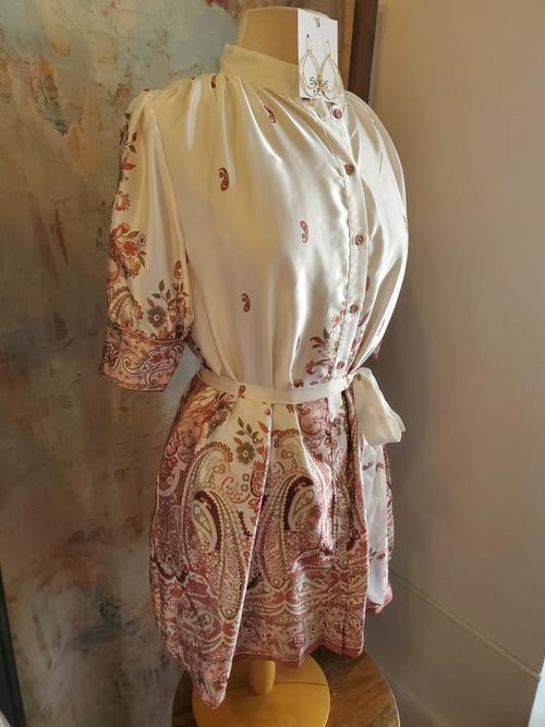 Border Print Satin Self Waist Tie Button Front Dress