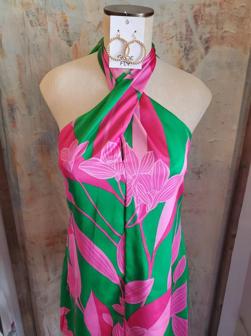 Pink Green Floral Halter Neck Shift Dress