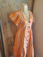 Stripe V Neck Maxi Dress with Swirl Button