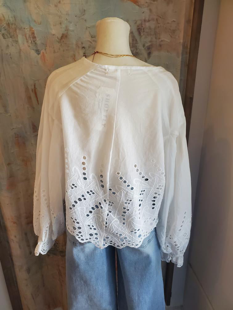 Scalloped Eyelet Detail Long Sleeve Blouse