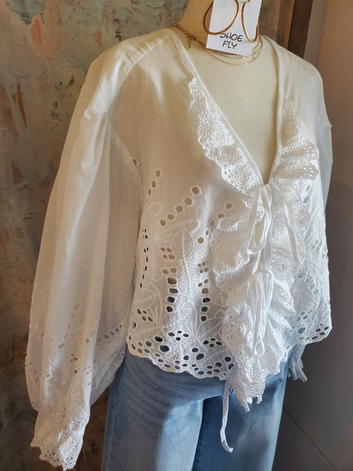 Scalloped Eyelet Detail Long Sleeve Blouse