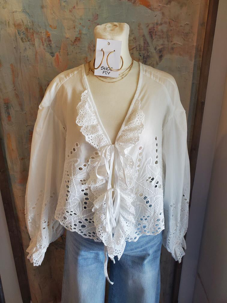 Scalloped Eyelet Detail Long Sleeve Blouse