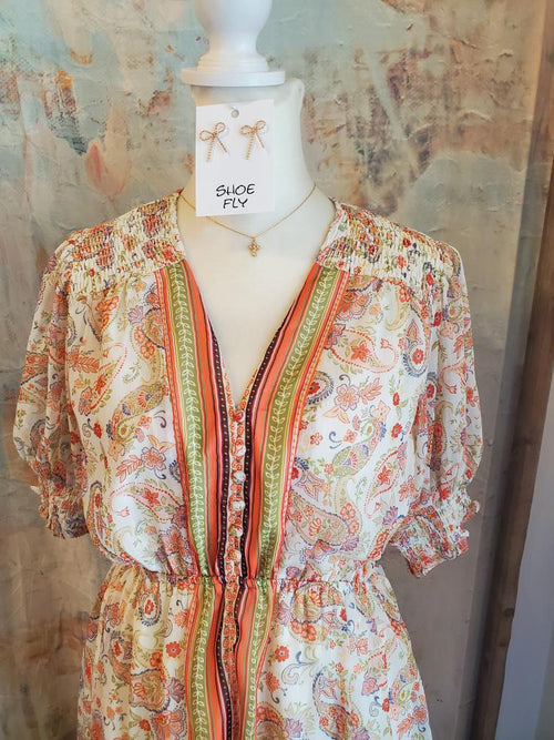 Border Print V Neck Maxi Dress