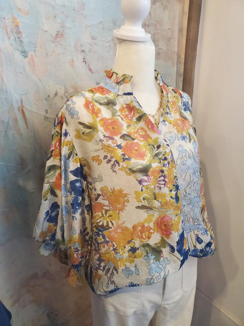 Blue Floral Mix 3/4 Sleeve Top