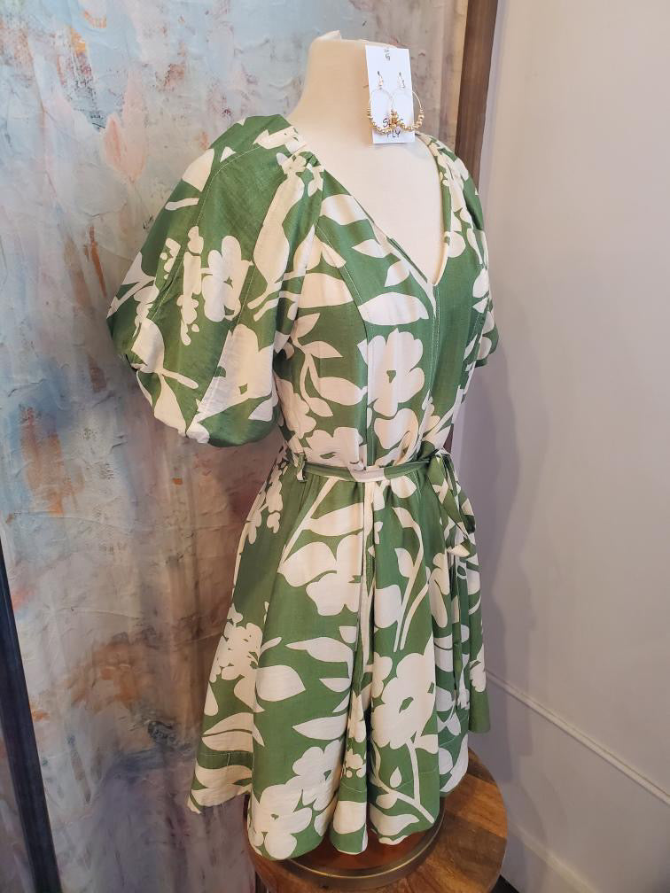Puff Sleeve Tie Waist Dress