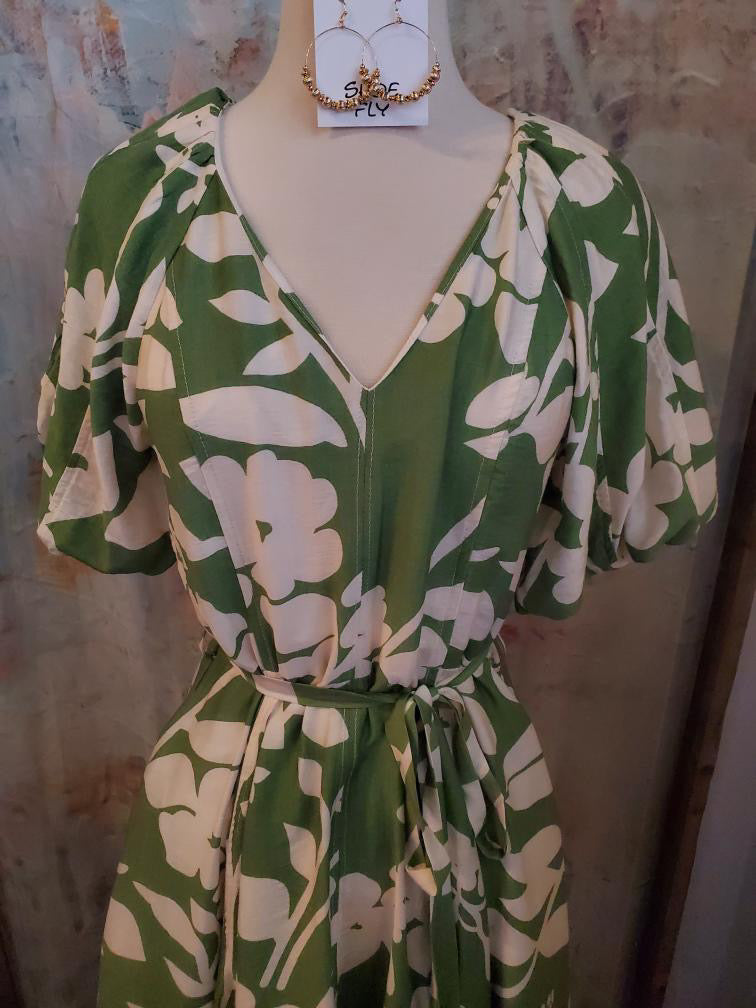 Puff Sleeve Tie Waist Dress