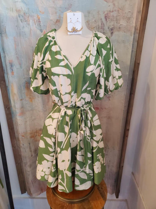 Puff Sleeve Tie Waist Dress