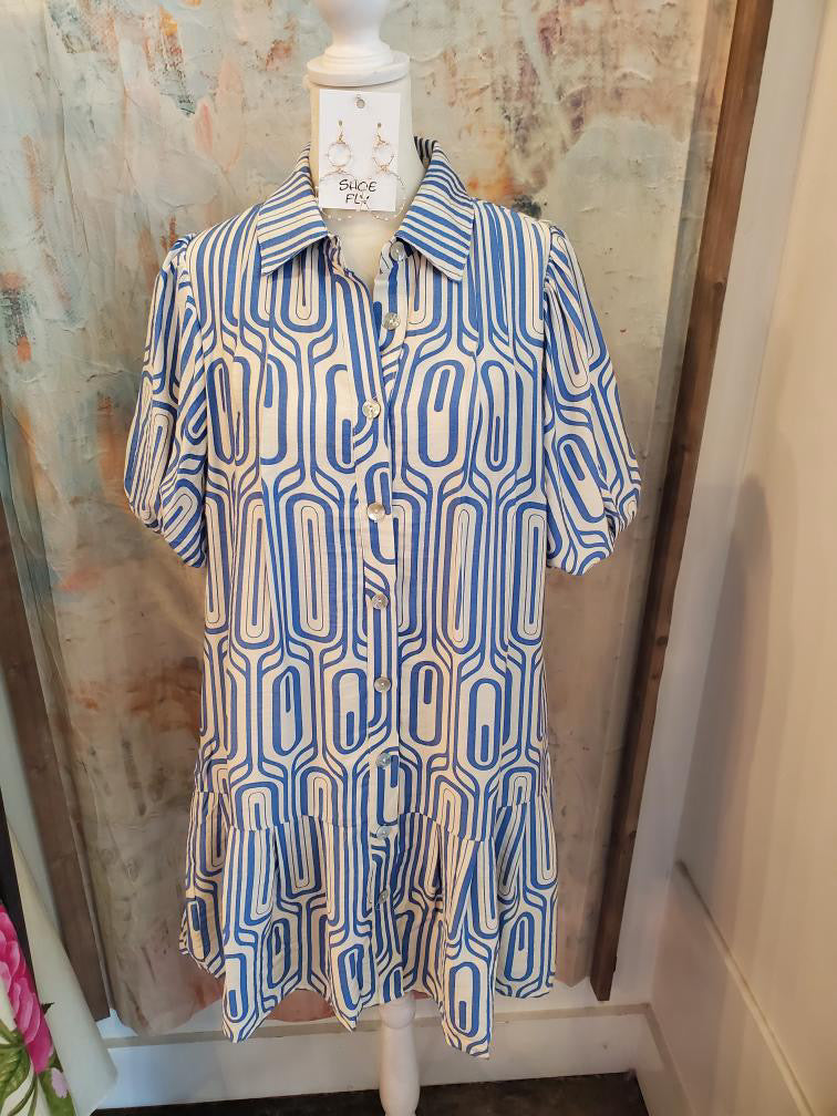 Puff Sleeve Print Button Up Pocket Dress