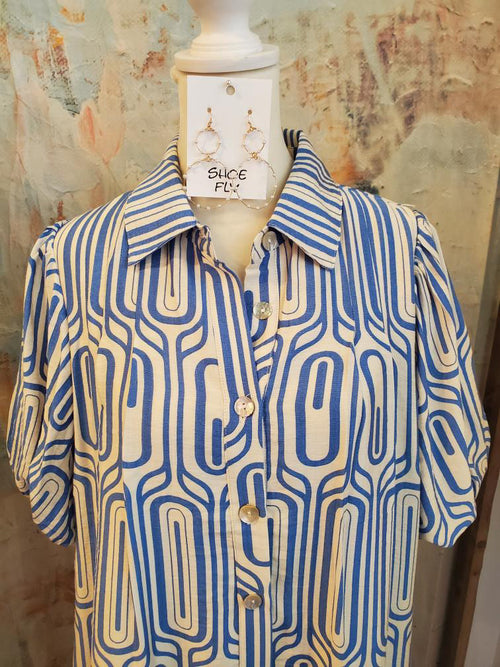 Puff Sleeve Print Button Up Pocket Dress