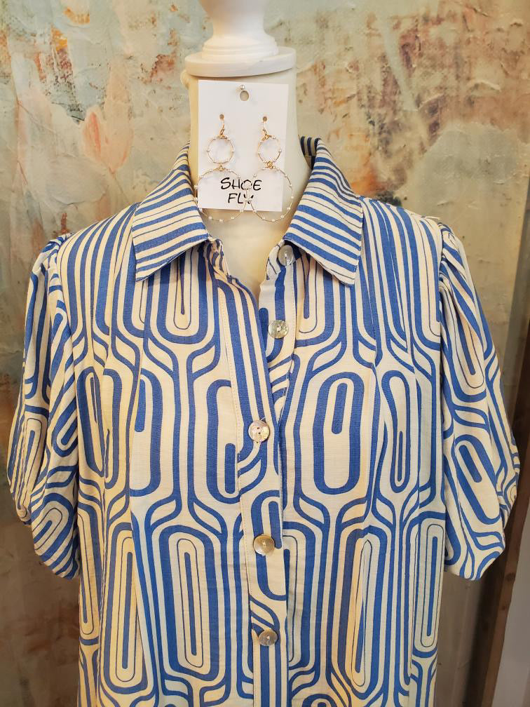 Puff Sleeve Print Button Up Pocket Dress