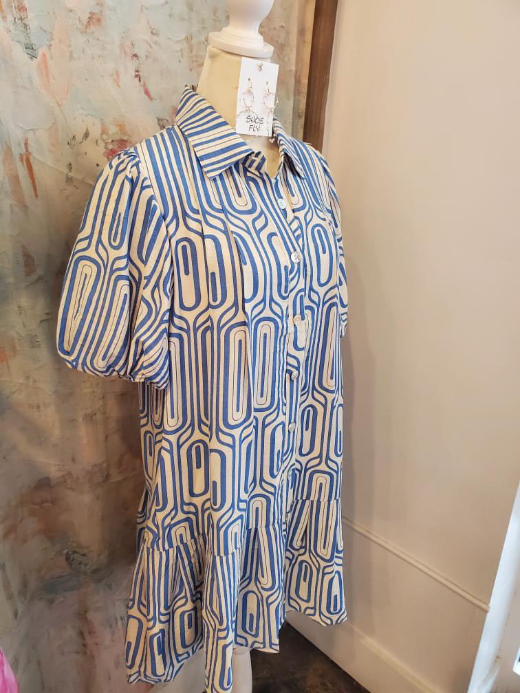 Puff Sleeve Print Button Up Pocket Dress