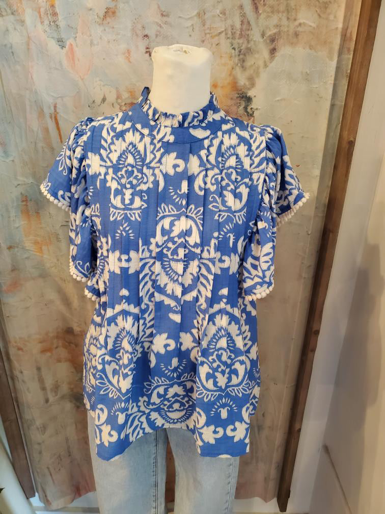 Flutter Sleeve Blue Print Top