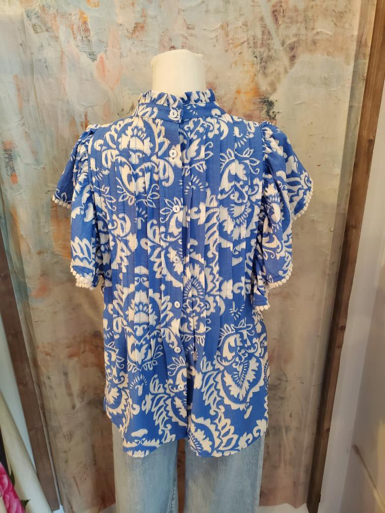 Flutter Sleeve Blue Print Top