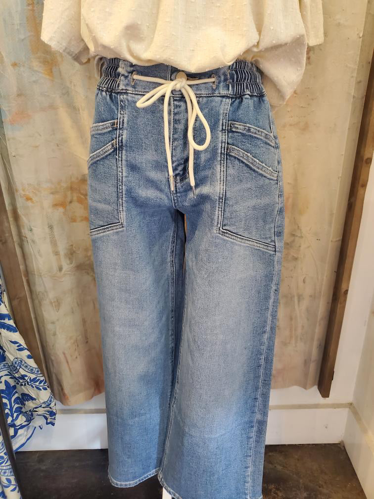High Rise Drawstring  Detail Wide Denim