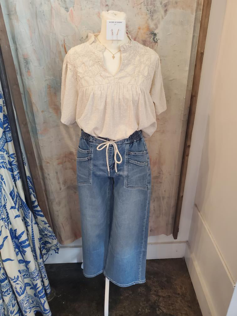High Rise Drawstring  Detail Wide Denim