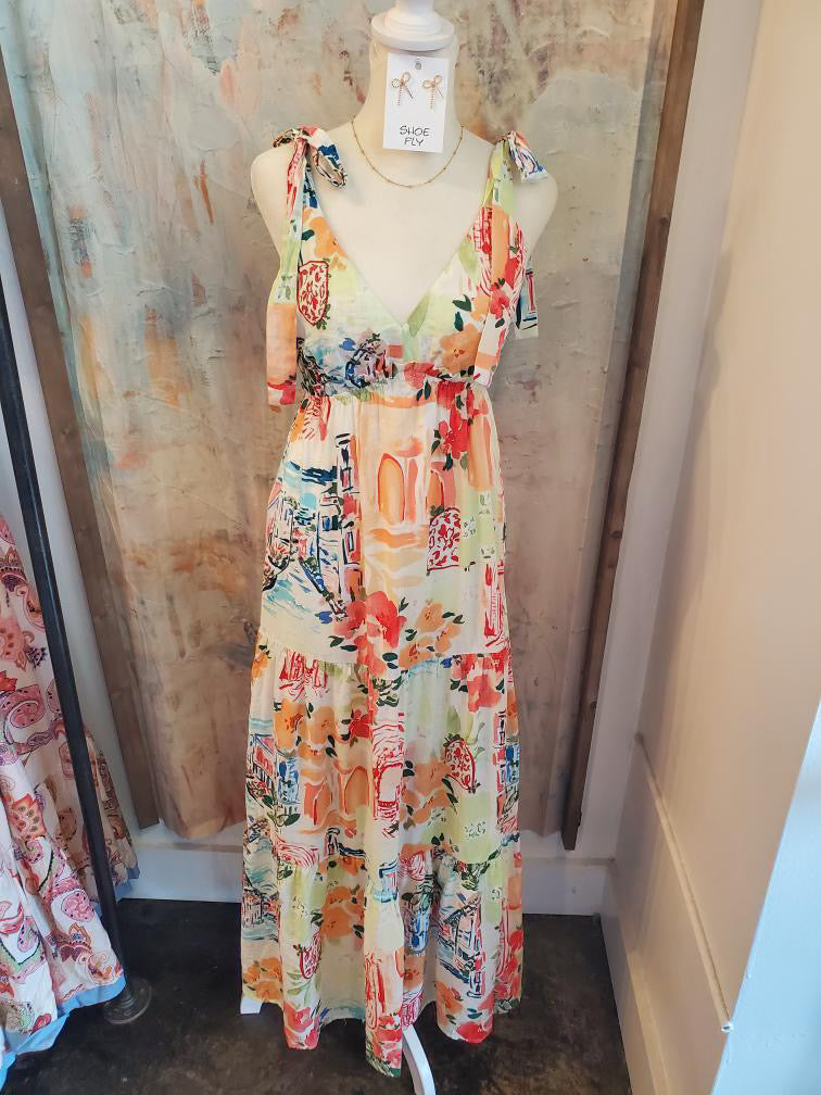 Tropical Tie Shoulder Print Maxi Dress
