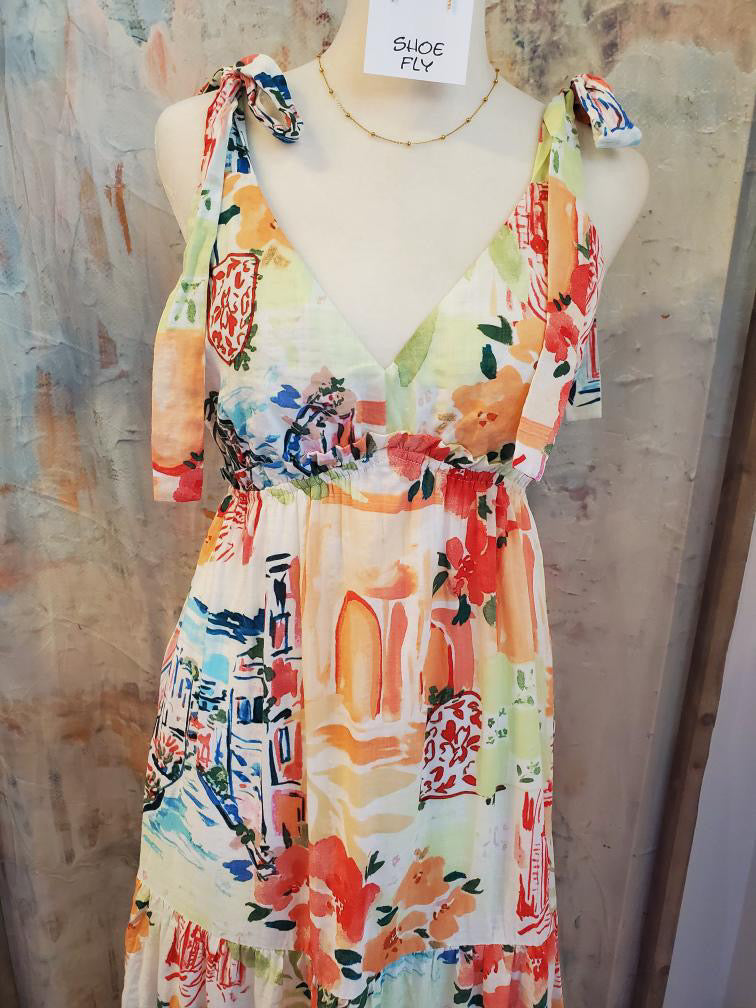 Tropical Tie Shoulder Print Maxi Dress