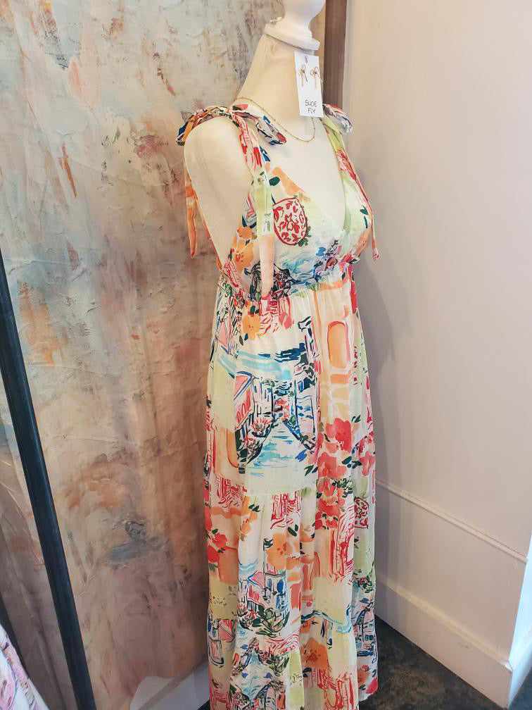 Tropical Tie Shoulder Print Maxi Dress