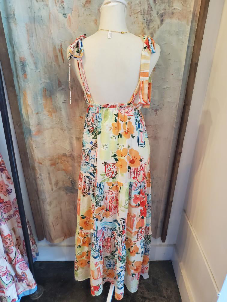 Tropical Tie Shoulder Print Maxi Dress