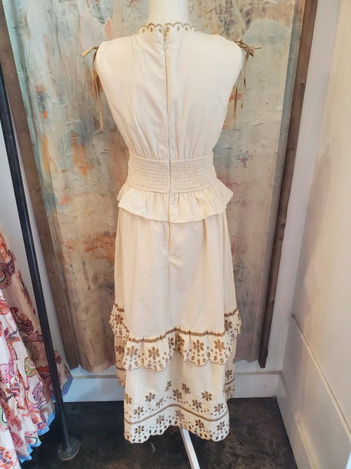 Eyelet V Neck Scallop Detail Midi Dress