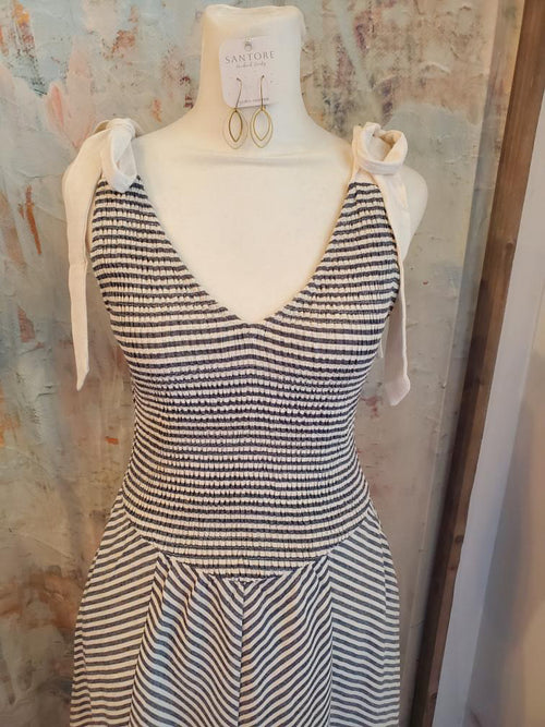 Linen Stripe Dress with Tie Shoulders