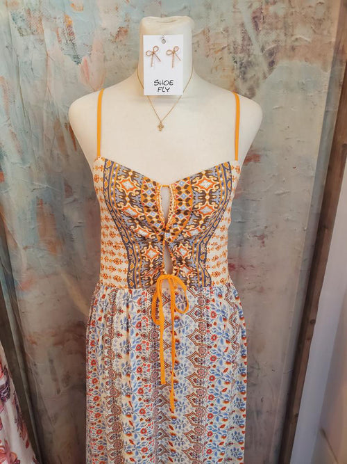 Cut Out Detail Tie Front Boho Dress