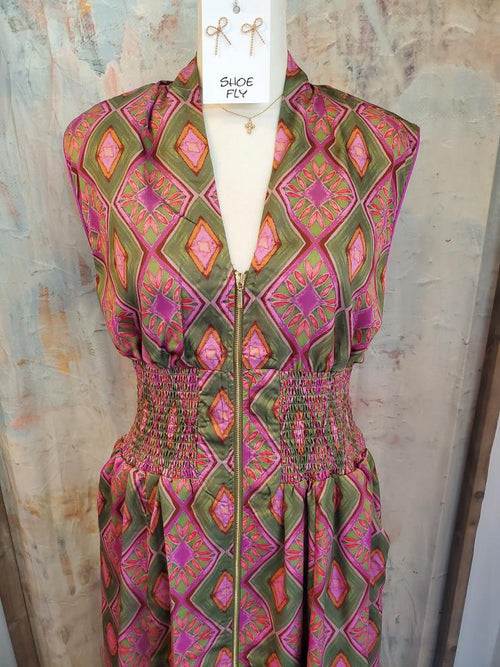 Olive Pink Zip Front Print Dress with Pockets