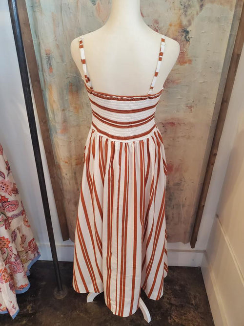Striped Woven Midi Dress with Sweetheart Neckline
