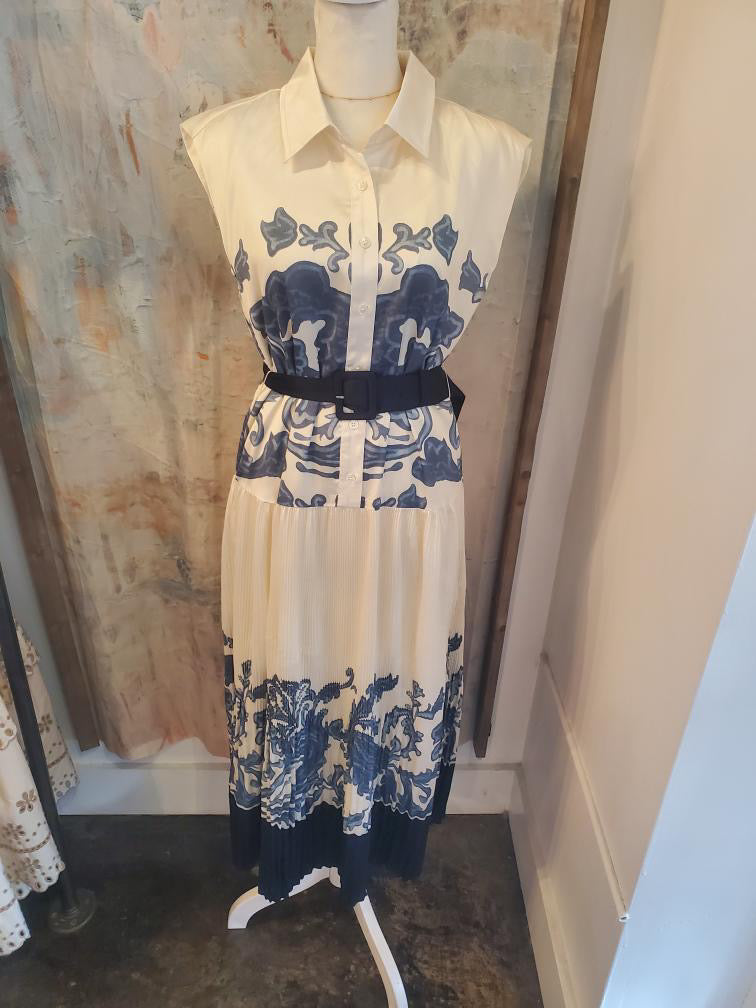Shirt Collar Button Down Cap Midi with Pleat Detail