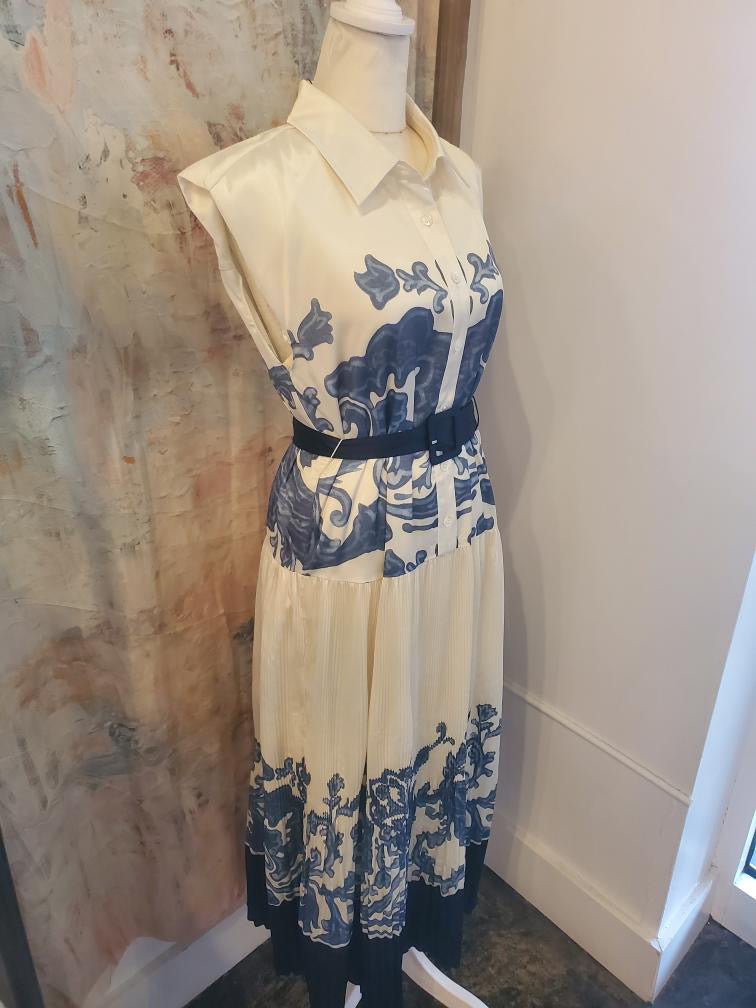 Shirt Collar Button Down Cap Midi with Pleat Detail