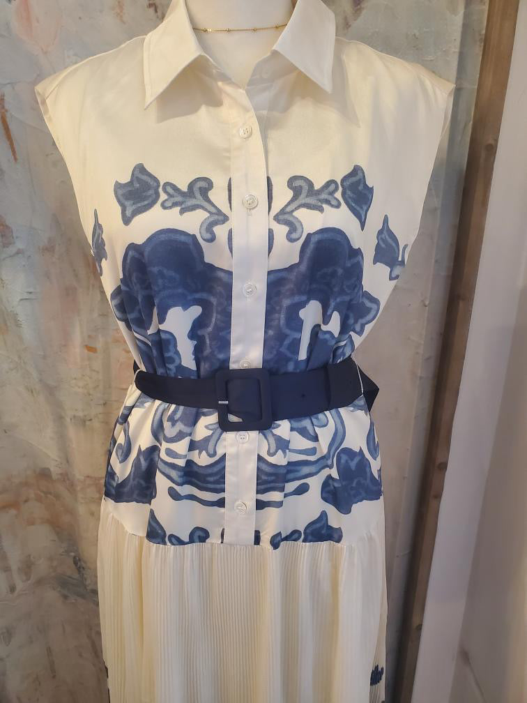 Shirt Collar Button Down Cap Midi with Pleat Detail