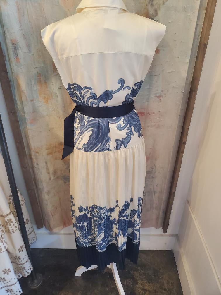 Shirt Collar Button Down Cap Midi with Pleat Detail