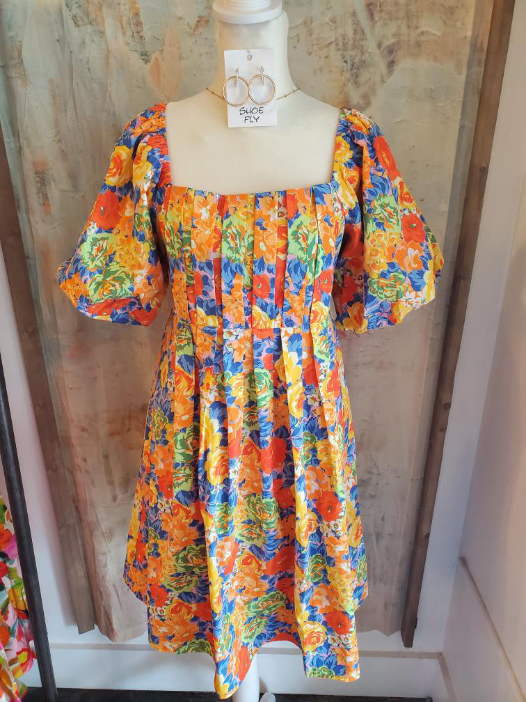 Rose Print Puff Sleeve Dress