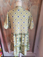 Green Blue Print Puff Sleeve Dress