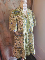 Green Blue Print Puff Sleeve Dress