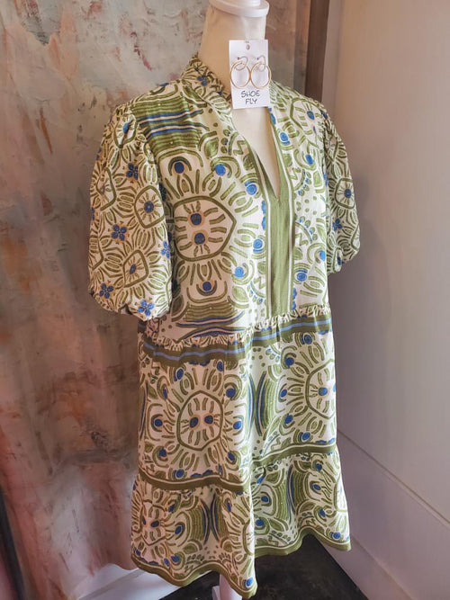 Green Blue Print Puff Sleeve Dress