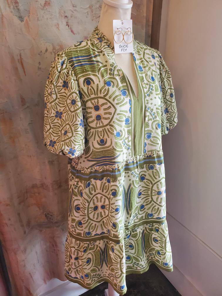 Green Blue Print Puff Sleeve Dress