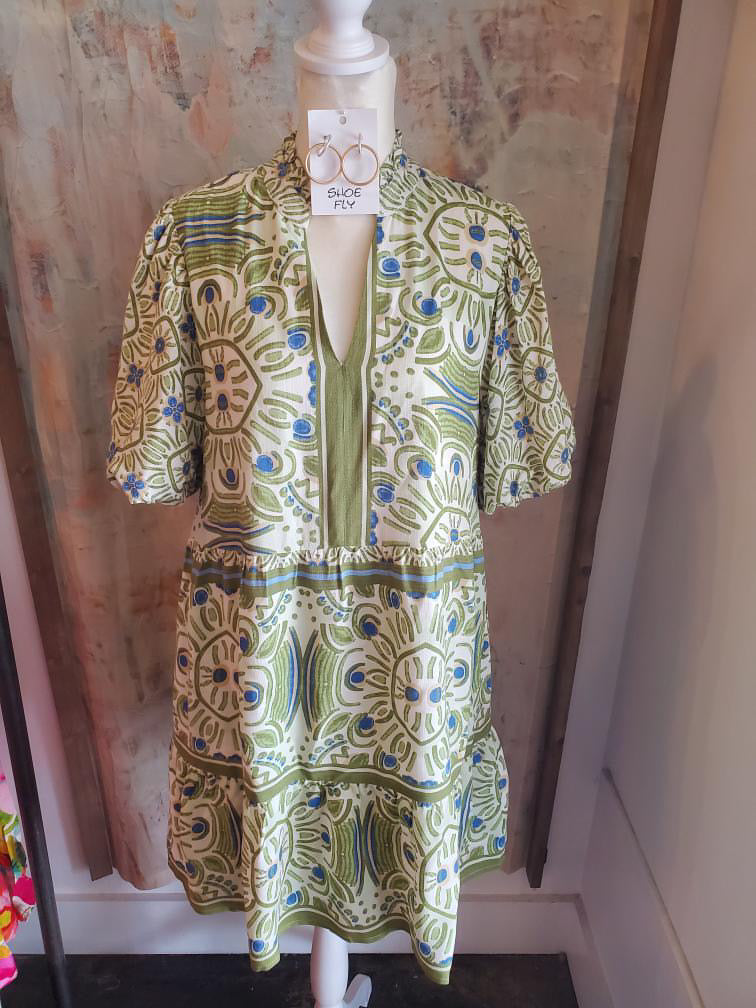 Green Blue Print Puff Sleeve Dress