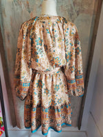 Split Neck 3/4 Sleeve Dress with Elastic Cuffs