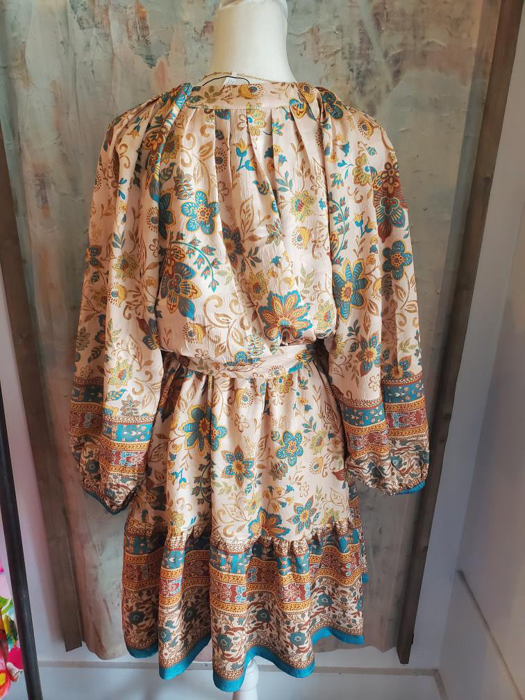 Split Neck 3/4 Sleeve Dress with Elastic Cuffs