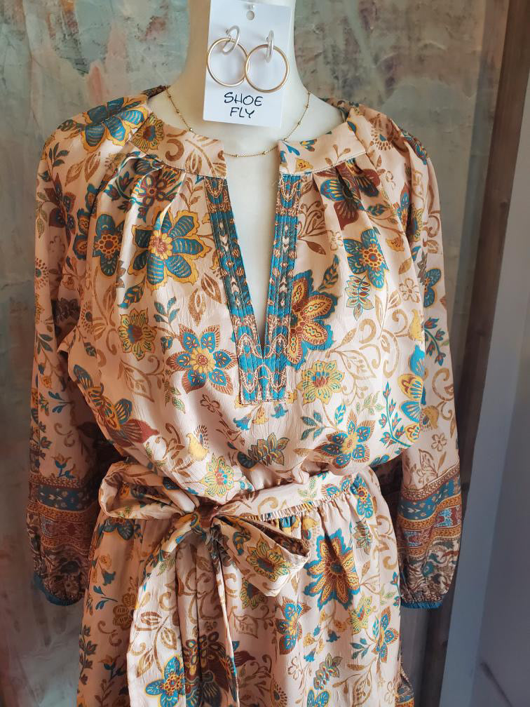 Split Neck 3/4 Sleeve Dress with Elastic Cuffs