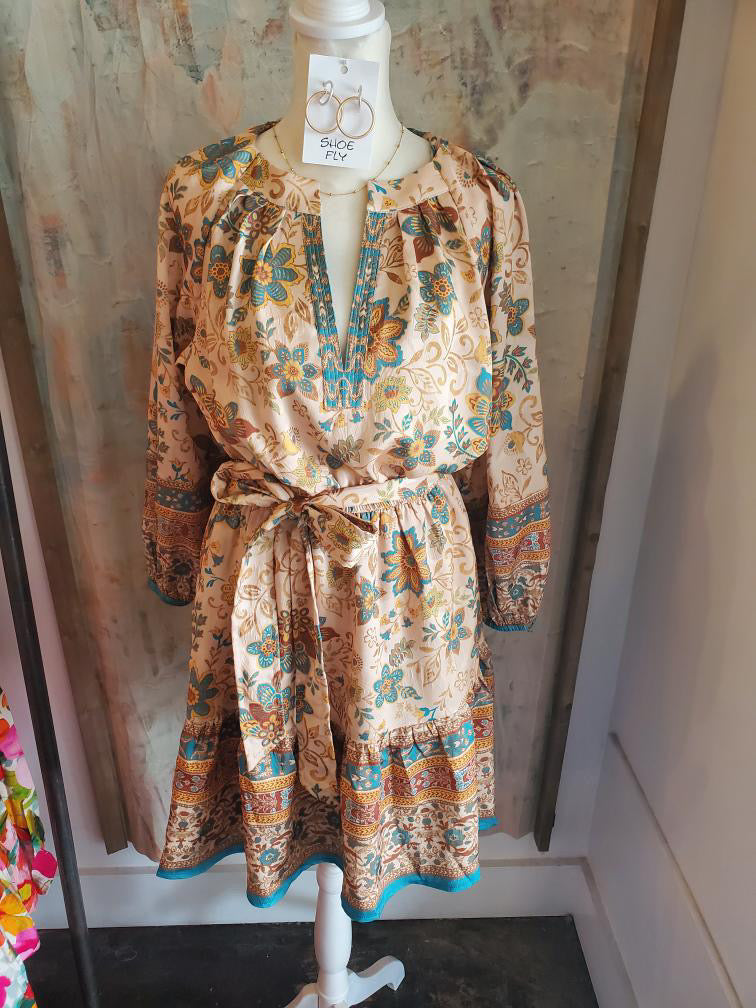 Split Neck 3/4 Sleeve Dress with Elastic Cuffs