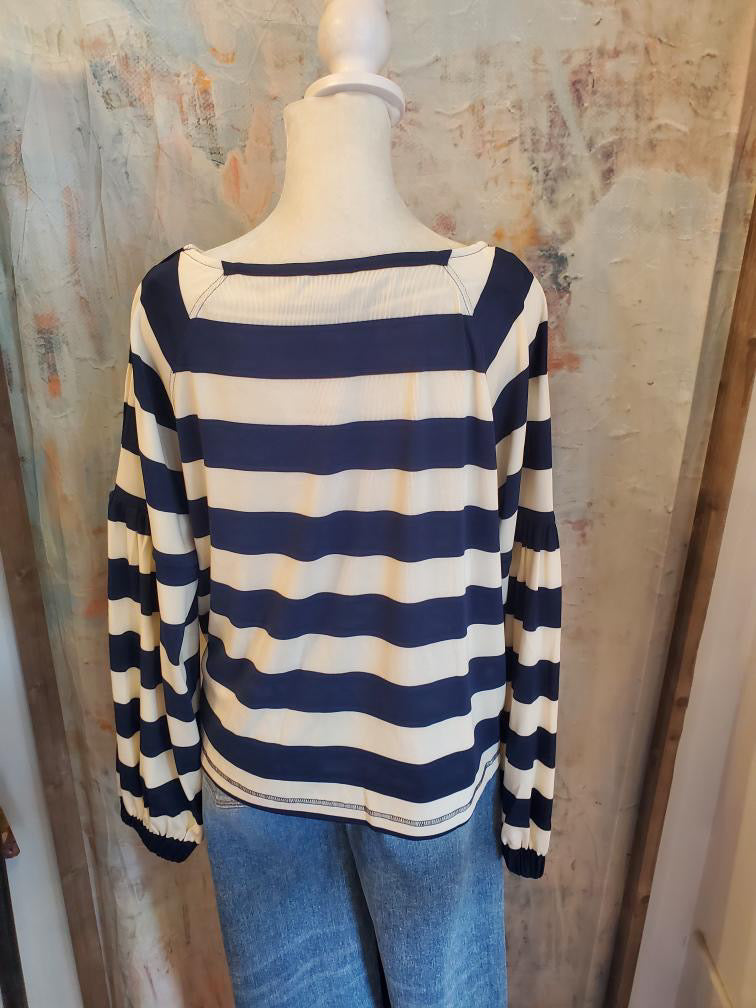 Navy Stripe Elastic Cuff Top