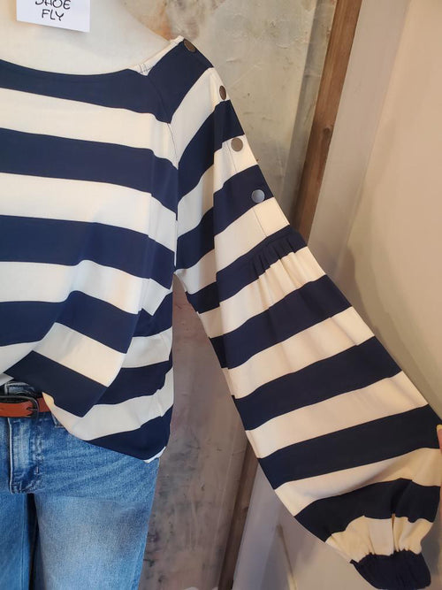 Navy Stripe Elastic Cuff Top